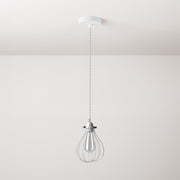 Lampada a sospensione completa di cavo tessile, paralume gabbia Drop e finiture in metallo - Bianco