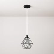 Lampada a sospensione completa di cavo tessile, paralume gabbia Diamond e finiture in metallo - Nero