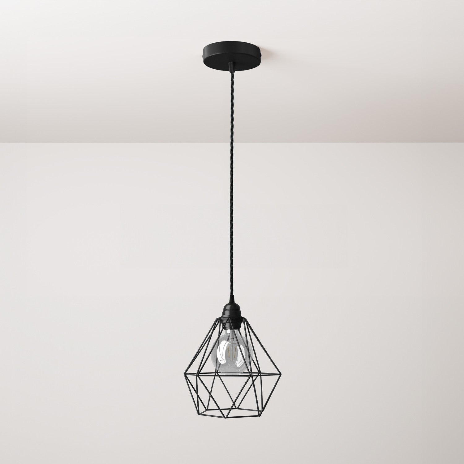 Lampada a sospensione completa di cavo tessile, paralume gabbia Diamond e finiture in metallo - Nero