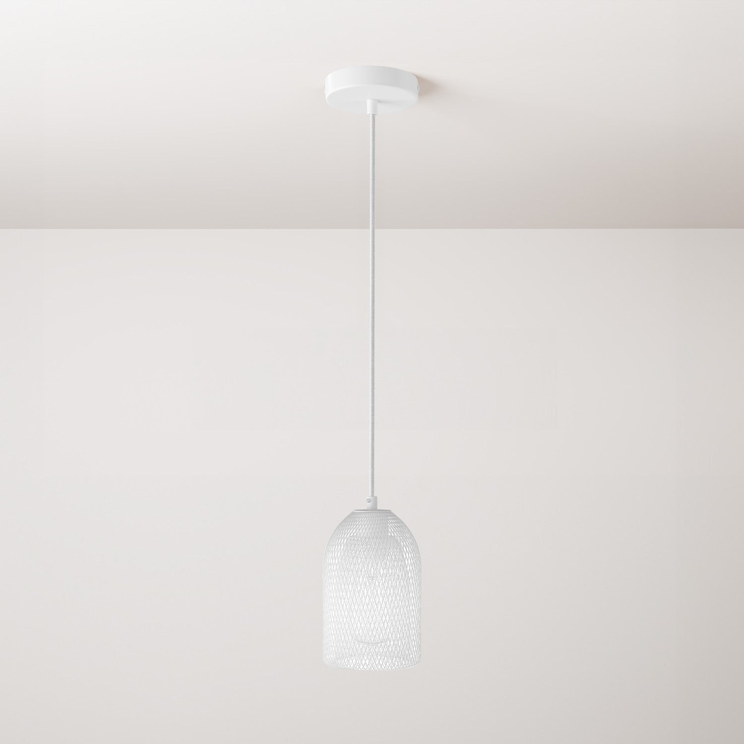 Lampada a sospensione completa di cavo tessile, paralume Ghostbell e finiture in metallo - Bianco