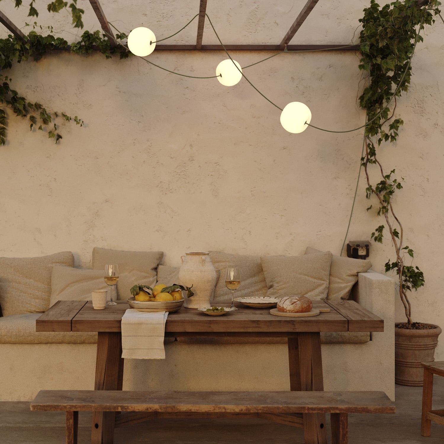 Catena luminosa 3 punti luce da esterno IP67 Verde Oliva con spina UK - Marina3 Cherry 140 cm