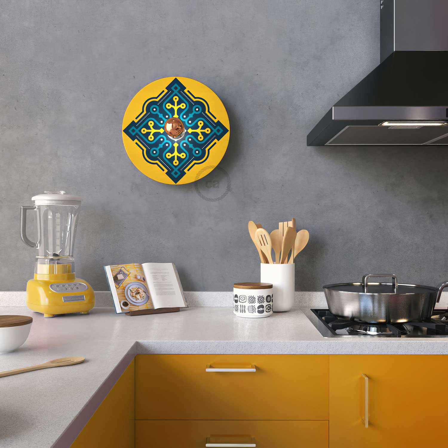 Fermaluce Etnico con paralume UFO in legno double-face illustrato da ODD