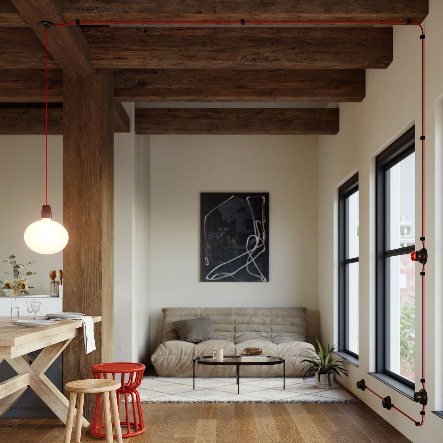 Kit interruttore/deviatore con dado a farfalla e base in porcellana nera Rosso