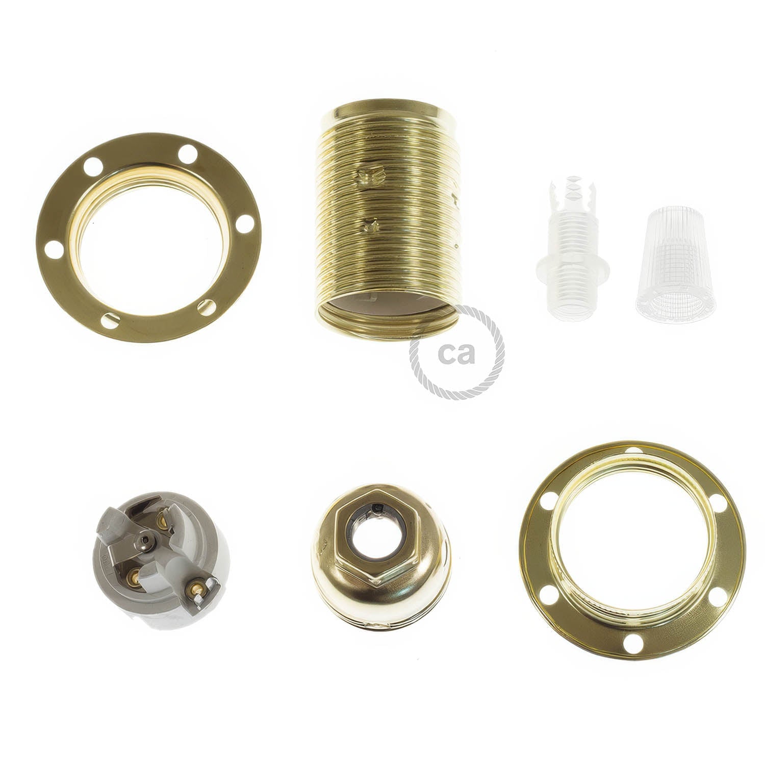 Kit portalampada E14 in metallo con doppia ghiera per paralume - Ottone Conico