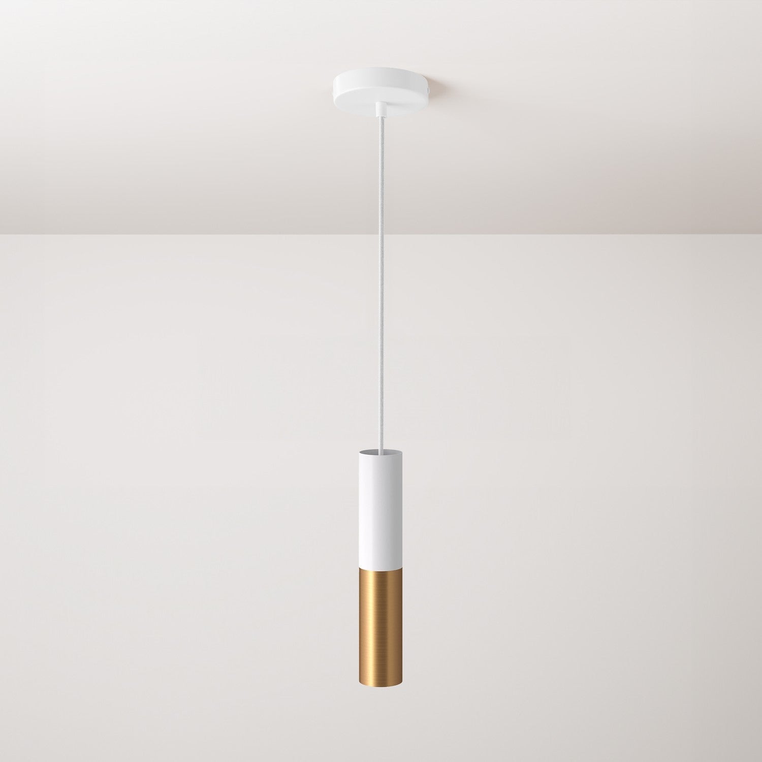 Pendant lamp complete with fabric cable and Tub-E12 double lampshade - Matt White and Brushed bronze