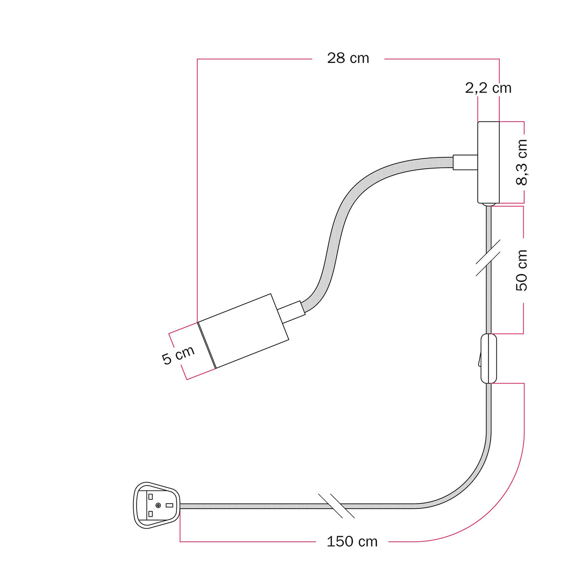 Lampada con spina UK e braccio snodabile, faretto Spotlight GU10 Bispot - Nero - Creative Cables