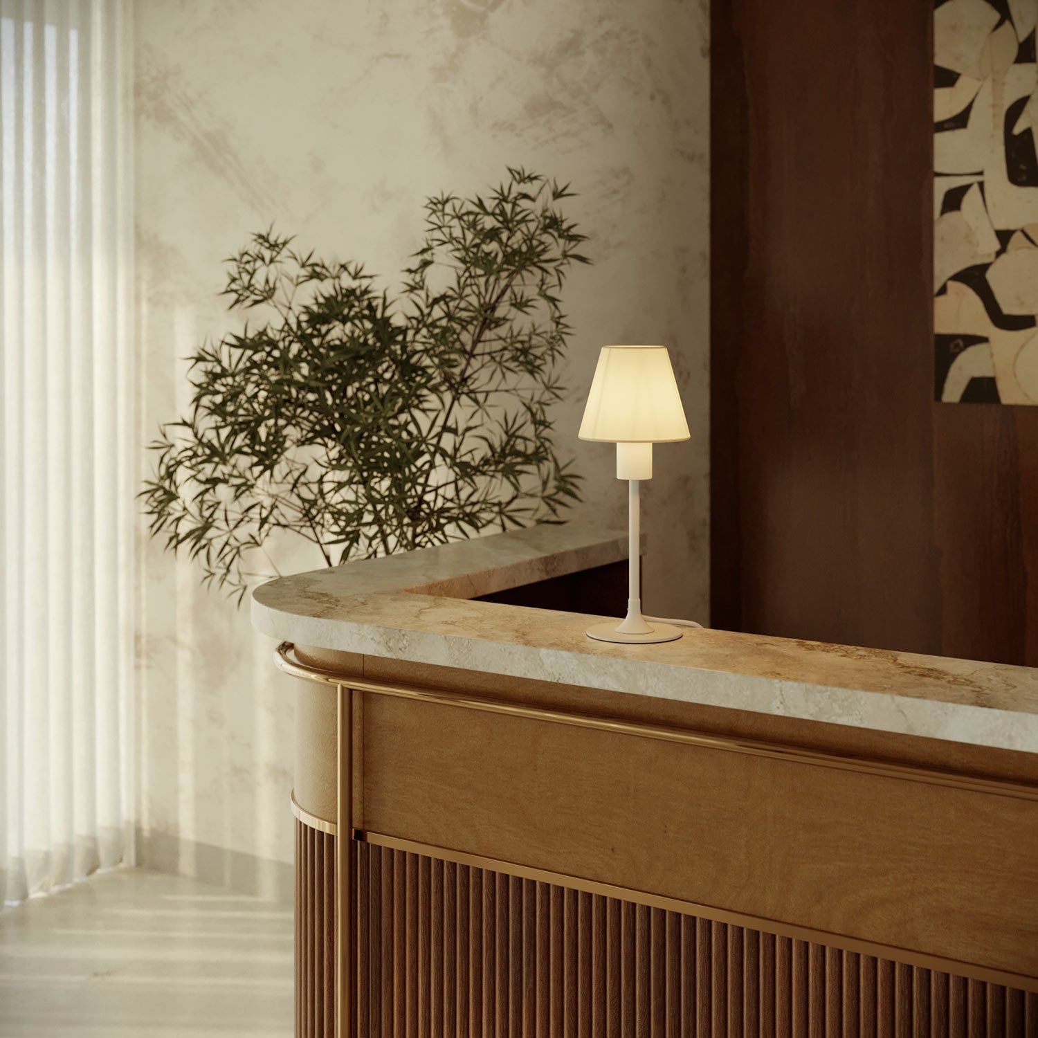 Lampada da tavolo MAG-Y con base metallica tonda, paralume e spina UK - Bianco opaco