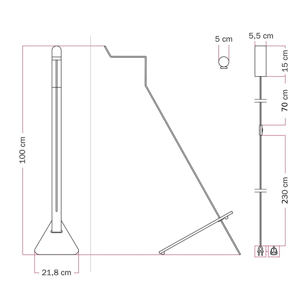 Lampada da terra inclinabile con faretto magnetico orientabile e spina UK - Mario Tubo - Panna