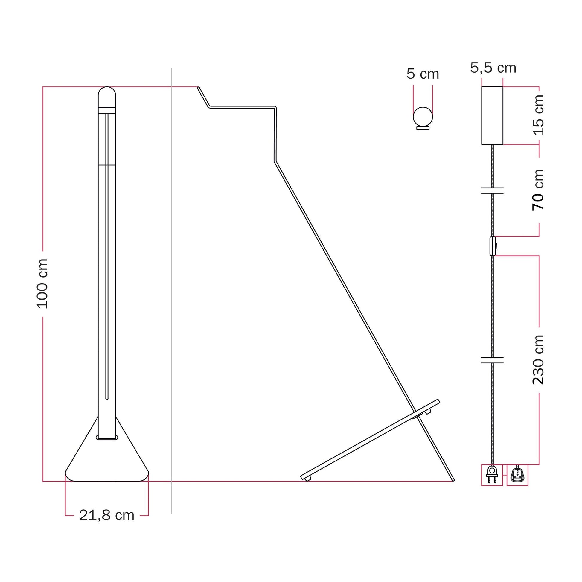 Lampada da terra inclinabile con faretto magnetico orientabile e spina UK - Mario Tubo - Rosso