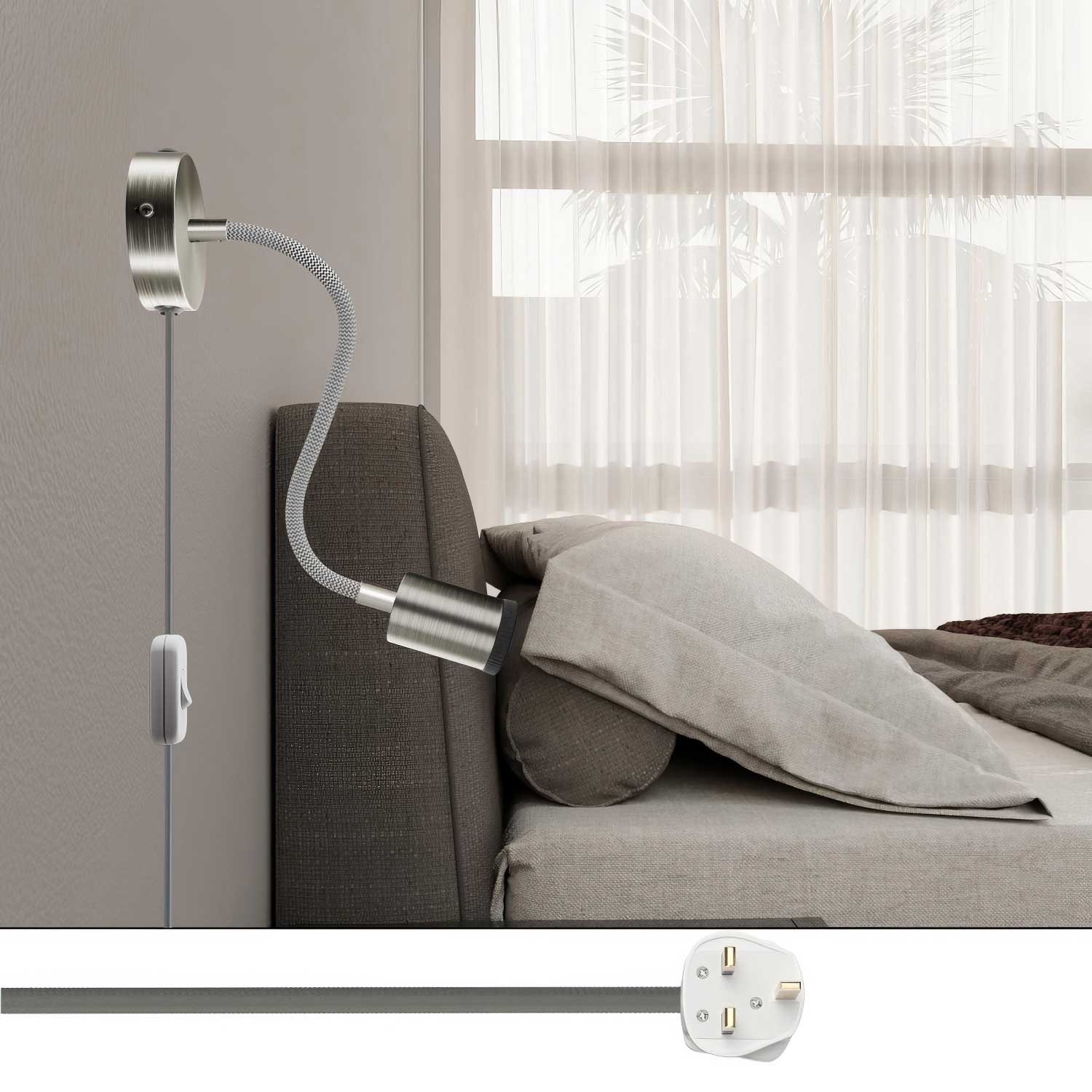 Lampada Spostaluce Flex 30 snodabile con faretto GU1d0 e spina UK - Titanio satinato