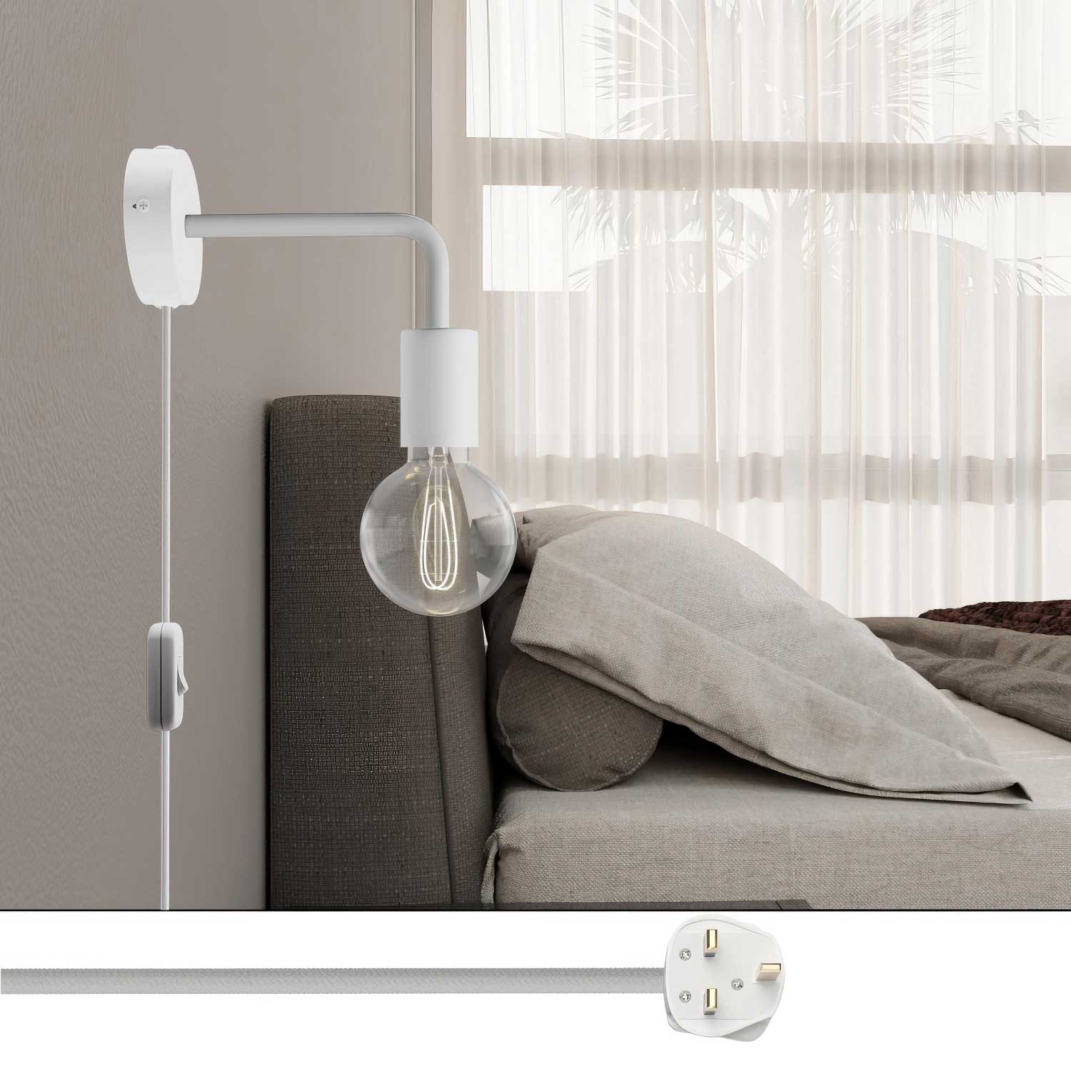 Lampada Spostaluce in metallo con estensione curva e spina UK - Bianco
