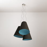 Lampadario Trittico con paralumi a cono bicolore Cenere e Celeste - Made in Italy