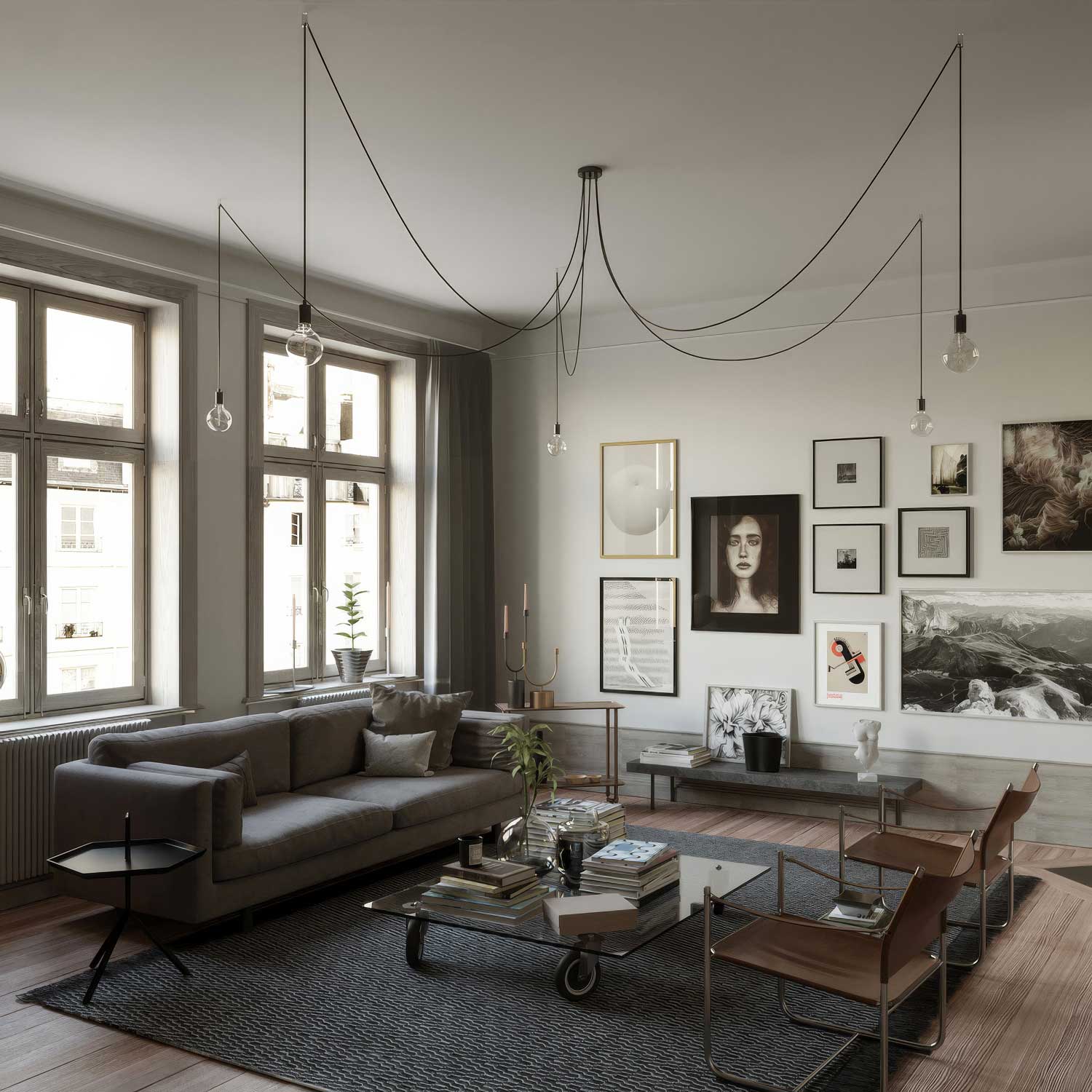 Spider - Multiple pendant lamp with 5 drops, metal finish - Black pearl