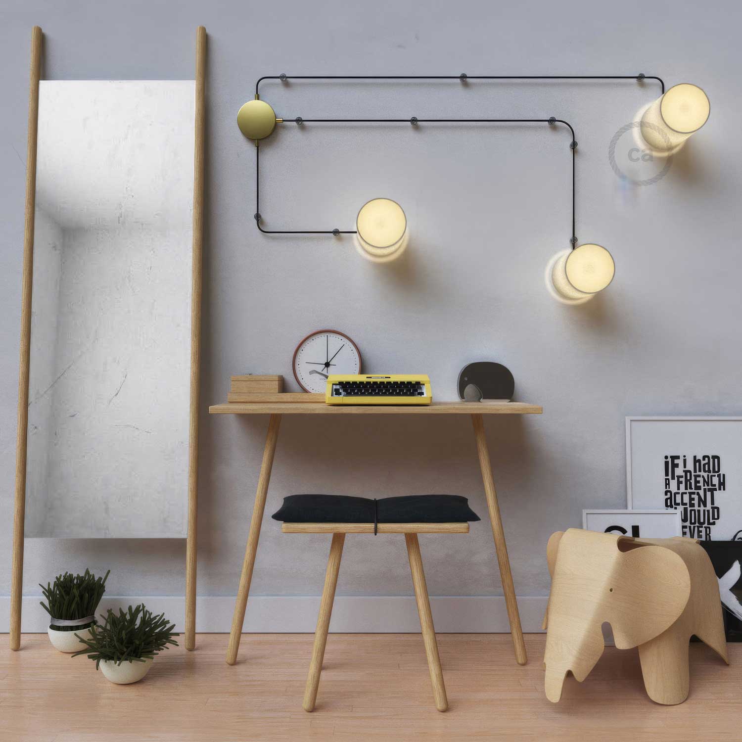 Spostaluce, il punto luce in metallo completo di portalampada E27 filettato, cavo tessile e fori laterali - Ottone